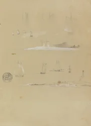 Studi di navi a vela e paesaggi costieri